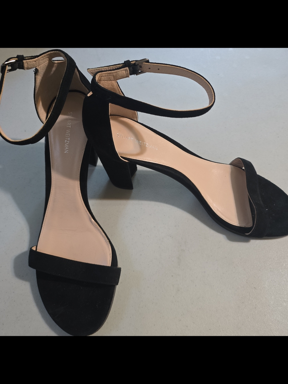Stuart Weitzman Black Suede Ankle Strap Block Heel Sandals Size 10.5M